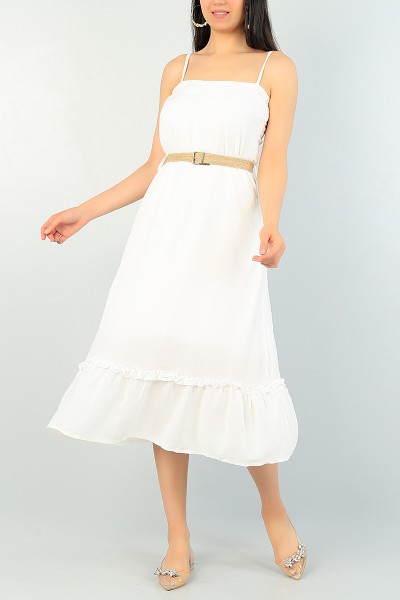 Beyaz Kemerli Astarlı Krinkıl Elbise 67336