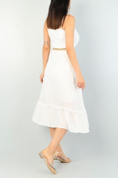 Beyaz Kemerli Astarlı Krinkıl Elbise 67336