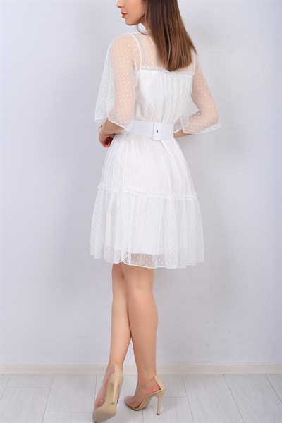 Beyaz Kemerli Bayan Tül Elbise 14575B