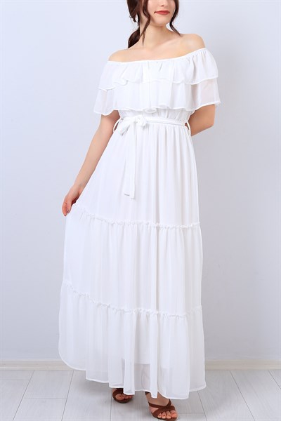 Beyaz Kemerli Bükümlü Bayan Şifon Elbise 13619B