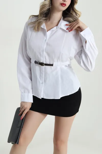 Beyaz Kemerli Tasarım Poplin Kadın Gömlek 485581