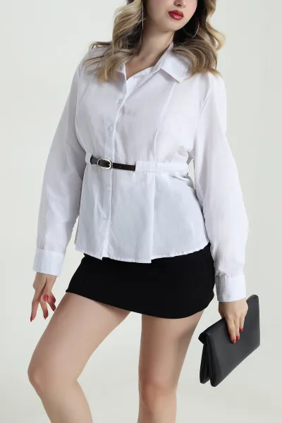 Beyaz Kemerli Tasarım Poplin Kadın Gömlek 485581