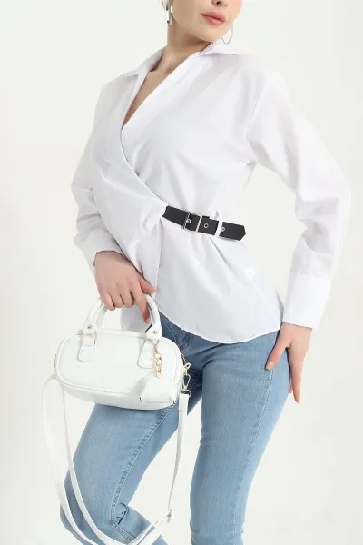 Beyaz Kendinden Kemerli Poplin Bluz 342852