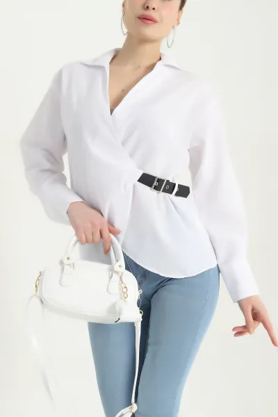 Beyaz Kendinden Kemerli Poplin Bluz 342852