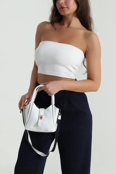 Beyaz Kilit Kapaklı Kadın El Kol ve Omuz Çantası 485569