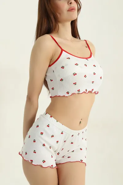 Beyaz Kiraz Desenli Kadın Şortlu Pijama Takımı 466361