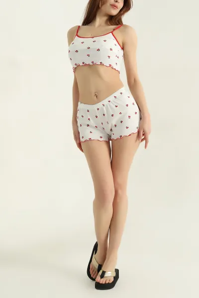 Beyaz Kiraz Desenli Kadın Şortlu Pijama Takımı 466361