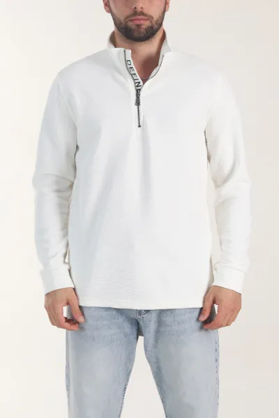 Beyaz Kırınkıl Kumaş Yarım Fermuarlı Erkek Sweatshirt 406827