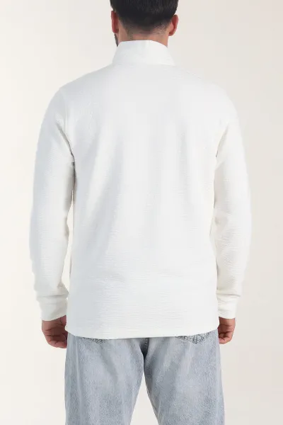 Beyaz Kırınkıl Kumaş Yarım Fermuarlı Erkek Sweatshirt 406827
