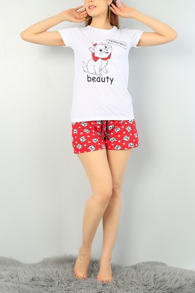 Beyaz Kırmızı Baskılı Bayan Pijama Takımı 68271