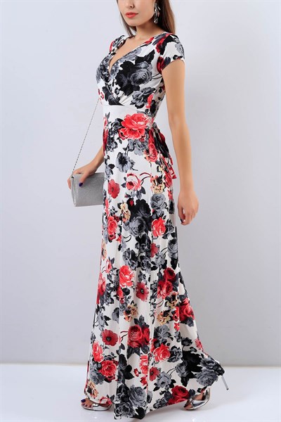 Beyaz Kırmızı Çiçek Desen Bayan Elbise 16278B