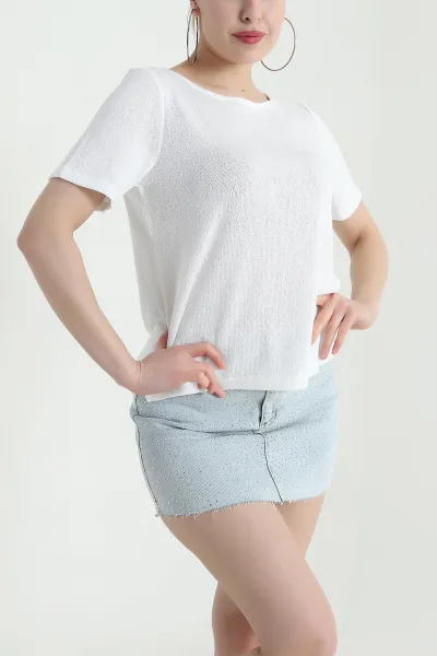 Beyaz Kısa Kol Kadın Triko Bluz 438436