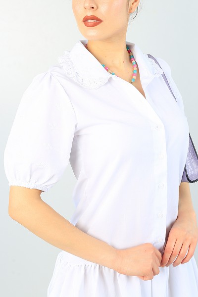 Beyaz Kol ve Yaka Dantelli Poplin Elbise 63413