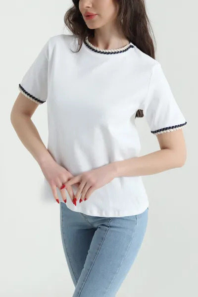 Beyaz Kol ve Yaka İşlemeli Kadın Bluz 440950