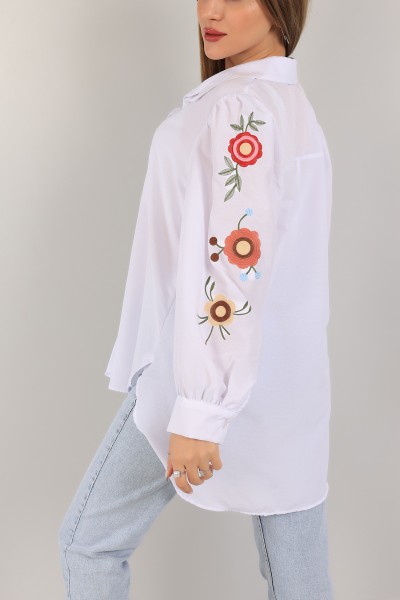 Beyaz Kolları Nakışlı Poplin Gömlek 158430
