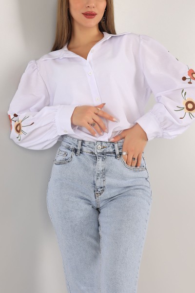 Beyaz Kolları Nakışlı Poplin Gömlek 158430