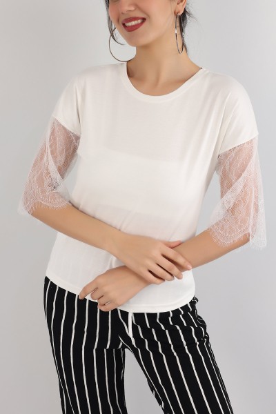 Beyaz Kolları Tül Bluz 162789