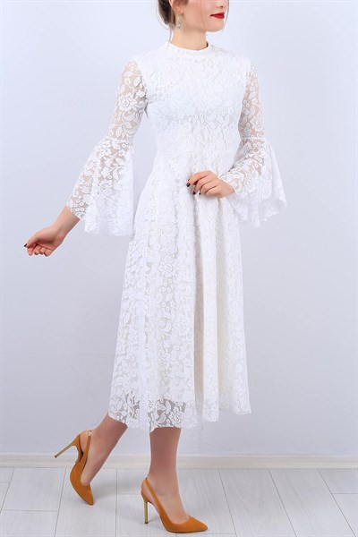 Beyaz Kolları Volan Bayan Dantel Elbise 11925B