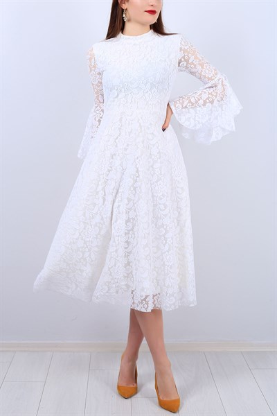 Beyaz Kolları Volan Bayan Dantel Elbise 11925B
