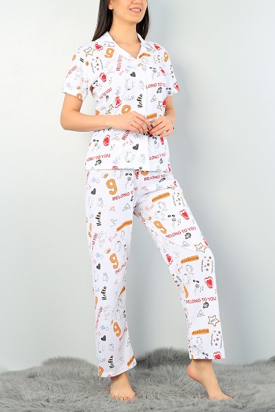 Beyaz Komple Baskılı Bayan Pijama Takımı 62958