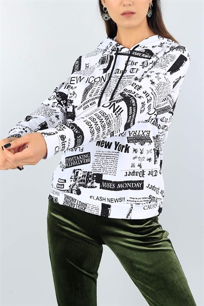 Beyaz Komple Baskılı Bayan Sweat 41318