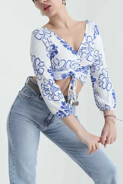 Beyaz Krinkıl Büzgülü  Desenli Kadın Bluz 437890