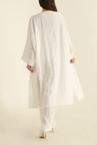Beyaz Krinkıl Kimono Pantolon İkili Takım 278675