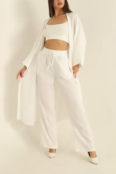 Beyaz Krinkıl Kimono Pantolon İkili Takım 278675