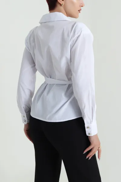 Beyaz Kruvaze Kemerli Network Kadın Gömlek 483178