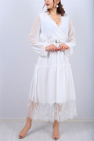 Beyaz Kruvaze Yaka Bayan Kemerli Elbise 12417B