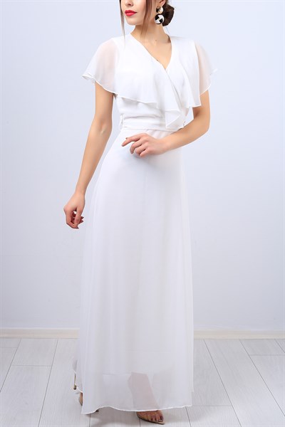 Beyaz Kruvaze Yaka Bayan Şifon Elbise 12714B