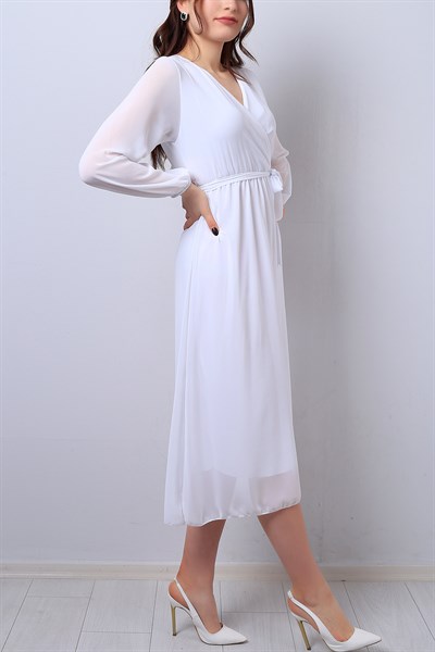 Beyaz Kruvaze Yaka Bayan Şifon Elbise 14091B