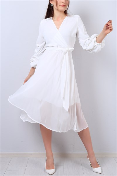 Beyaz Kruvaze Yaka Bayan Şifon Elbise 14446B