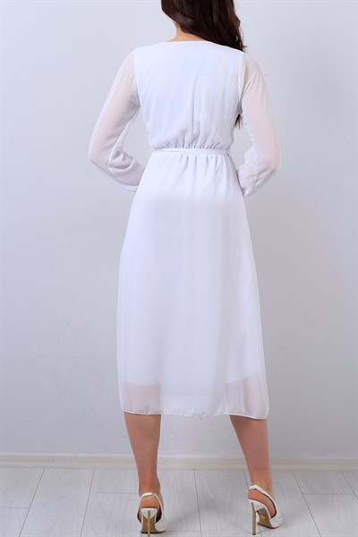 Beyaz Kruvaze Yaka Bayan Şifon Elbise 14091B