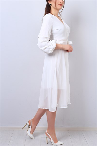 Beyaz Kruvaze Yaka Bayan Şifon Elbise 14446B