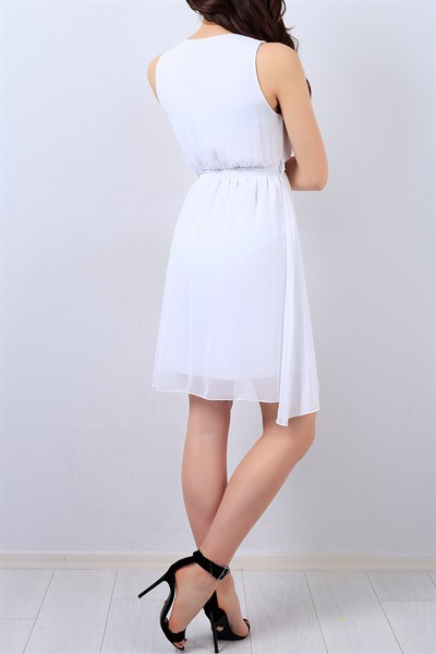 Beyaz Kruvaze Yaka Kemerli Şifon Elbise 14096B