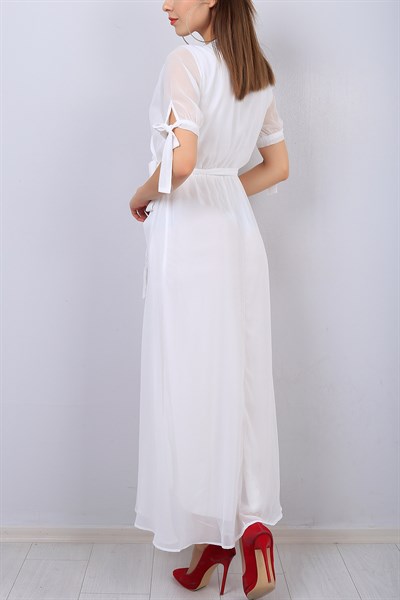 Beyaz Kruvaze Yaka Kemerli Şifon Elbise 14664B