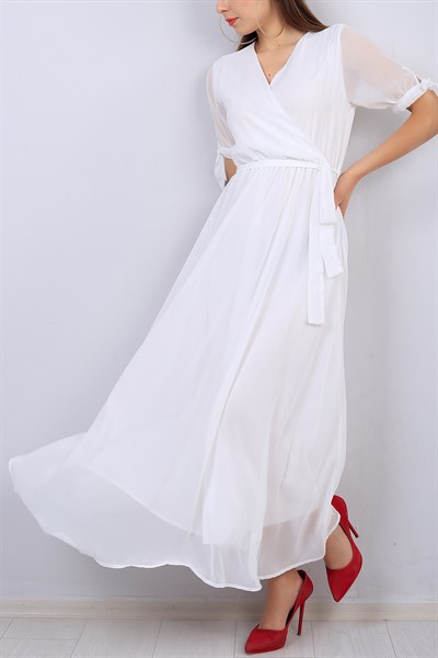Beyaz Kruvaze Yaka Kemerli Şifon Elbise 14664B