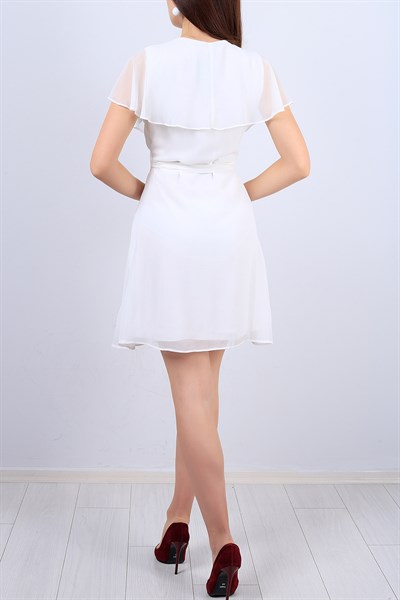 Beyaz Kruvaze Yaka Pileli Şifon Elbise 12497B