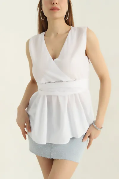 Beyaz Kruvaze Yaka Poplin Bluz 360869