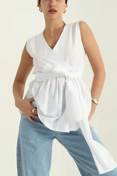 Beyaz Kruvaze Yaka Poplin Bluz 368091