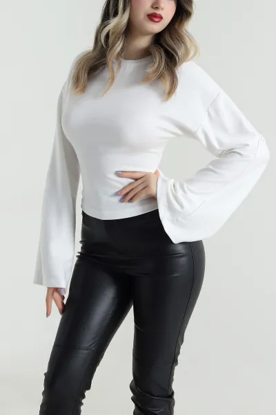 Beyaz Kuş Gözü Bağcıklı Modal Kadın Bluz 494844
