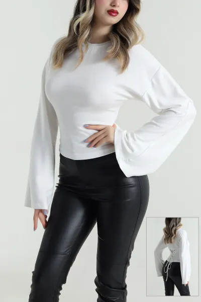 Beyaz Kuş Gözü Bağcıklı Modal Kadın Bluz 494844