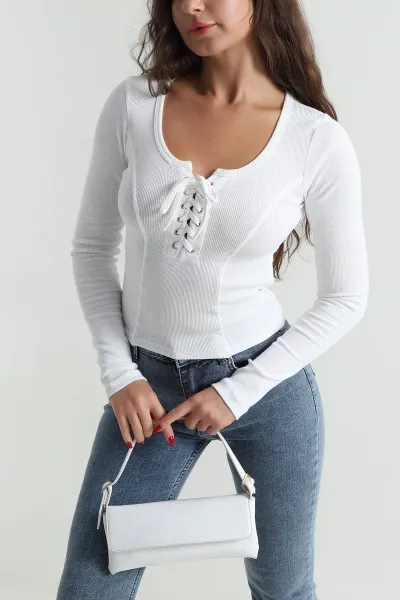 Beyaz Kuşgözü Fitilli Kadın Bluz 491733