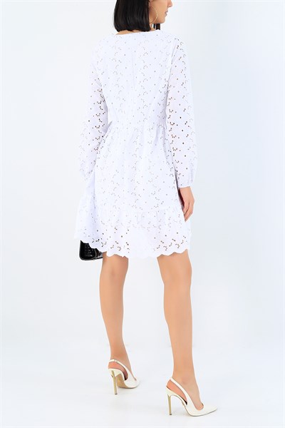 Beyaz Lazer Kesim Astarlı Elbise 27430B