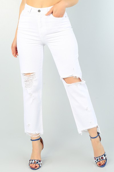 Beyaz Lazer Kesim Bayan Mom Kot Pantolon 68695