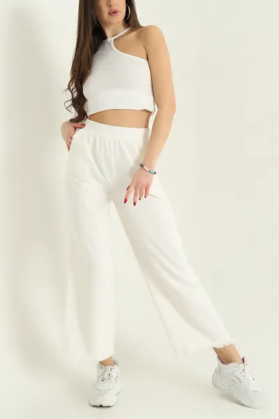 Beyaz Lazer Kesim Bel Lastikli Bayan Gabardin Pantolon 332717