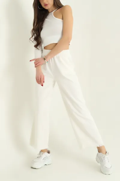 Beyaz Lazer Kesim Bel Lastikli Bayan Gabardin Pantolon 332717