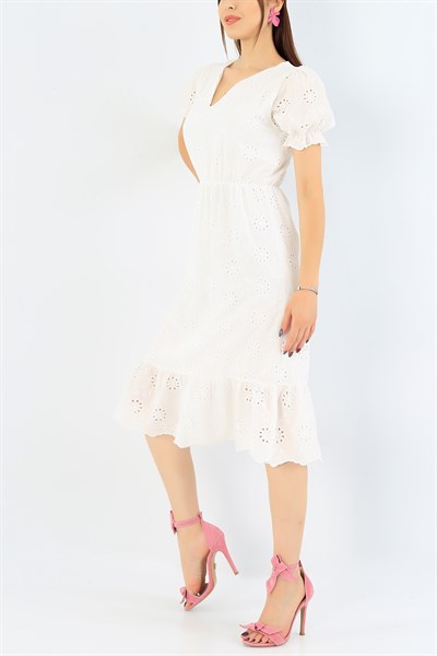 Beyaz Lazer Kesim Dantel İşleme Elbise 34922