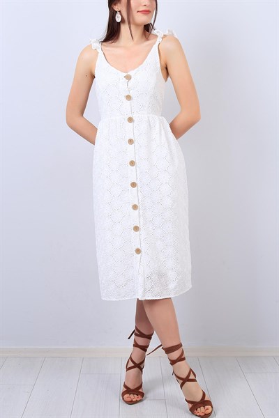 Beyaz Lazer Kesim Desenli Askılı Elbise 13616B